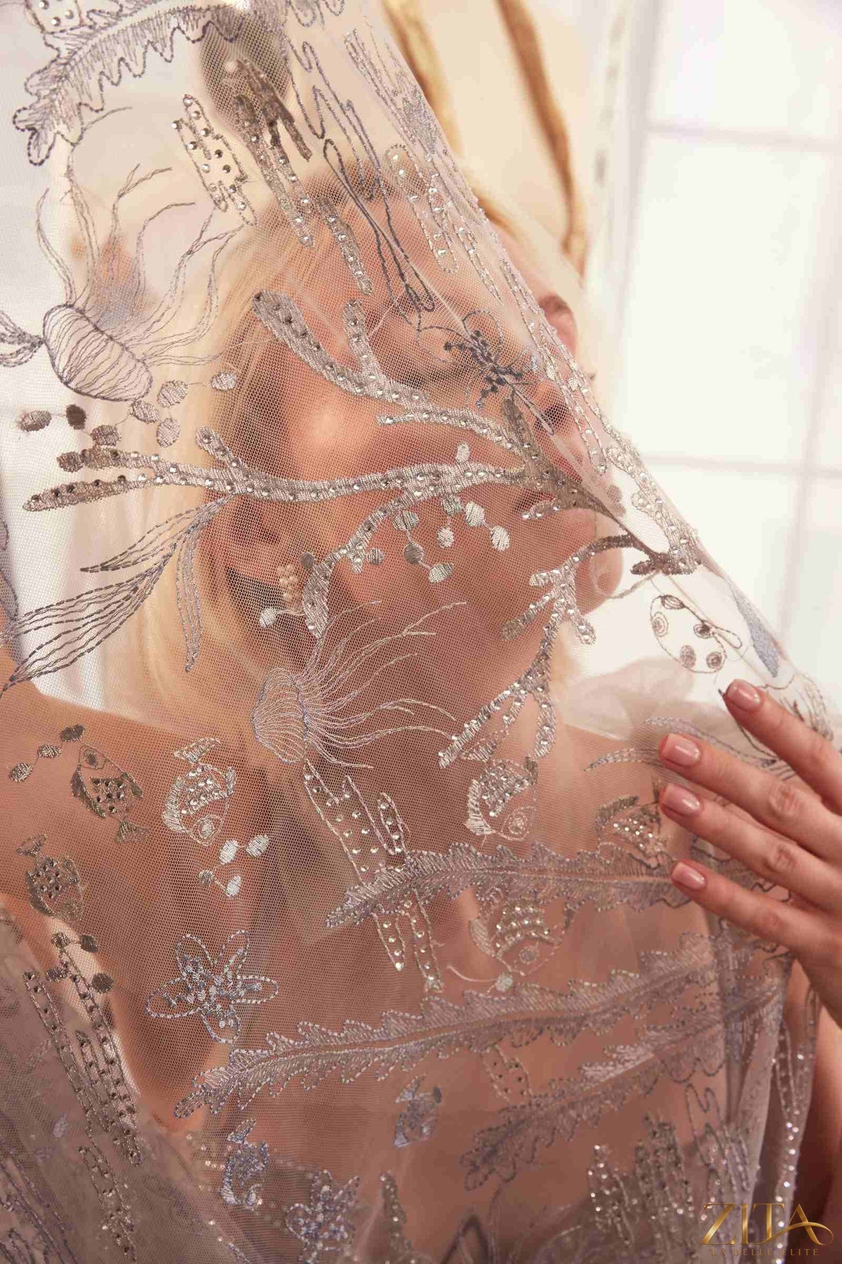 Zita La Belle Elite Under The Sea Embroidery silver A-line evening gown with intricate embroidered detailing