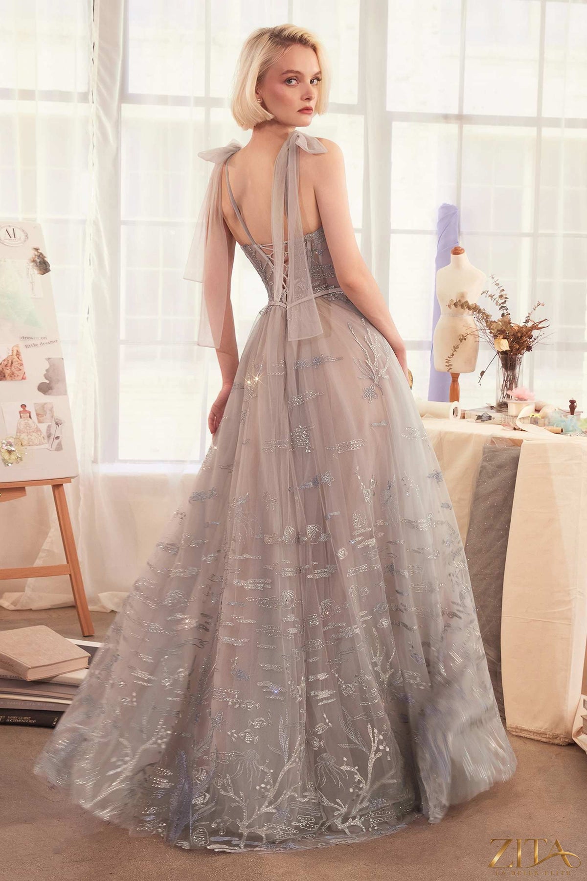 Zita La Belle Elite Under The Sea Embroidery silver A-line evening gown, back view