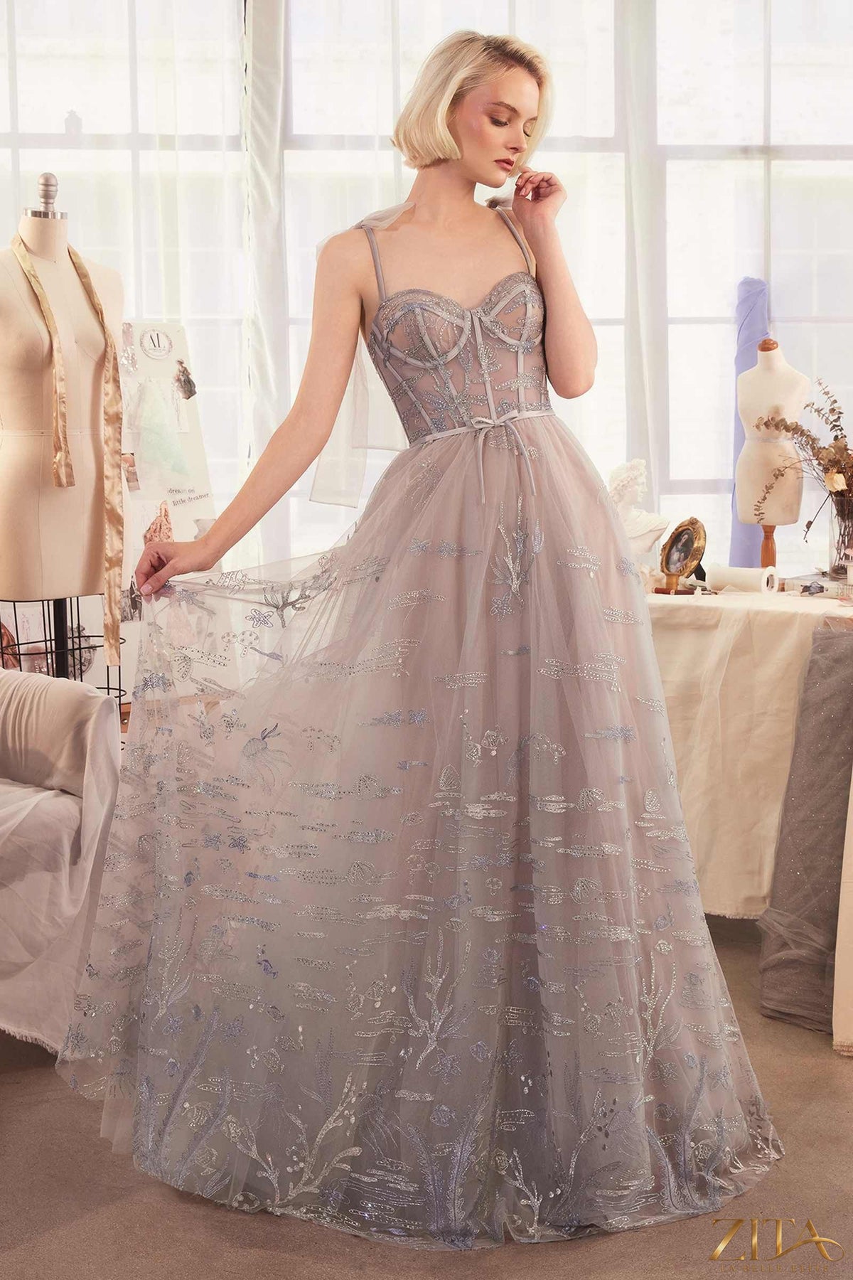 Zita La Belle Elite Under The Sea Embroidery silver A-Line evening gown, front view