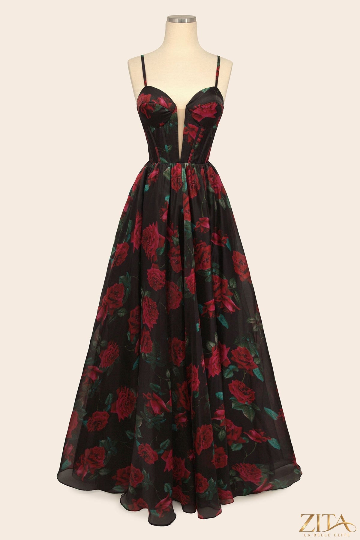 Rose print organza gown by Zita La Belle Elite featuring a flowing design and elegant floral pattern on the front.