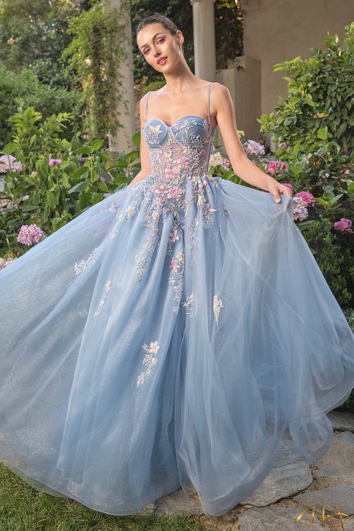 Zita La Belle Elite whimsical strapless blue prom ball gown evening dress
