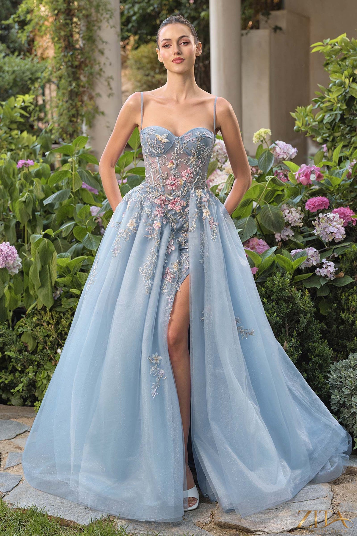 Blue strapless prom ball gown by Zita La Belle Elite featuring a fitted bodice and flowing skirt, ideal for formal events.