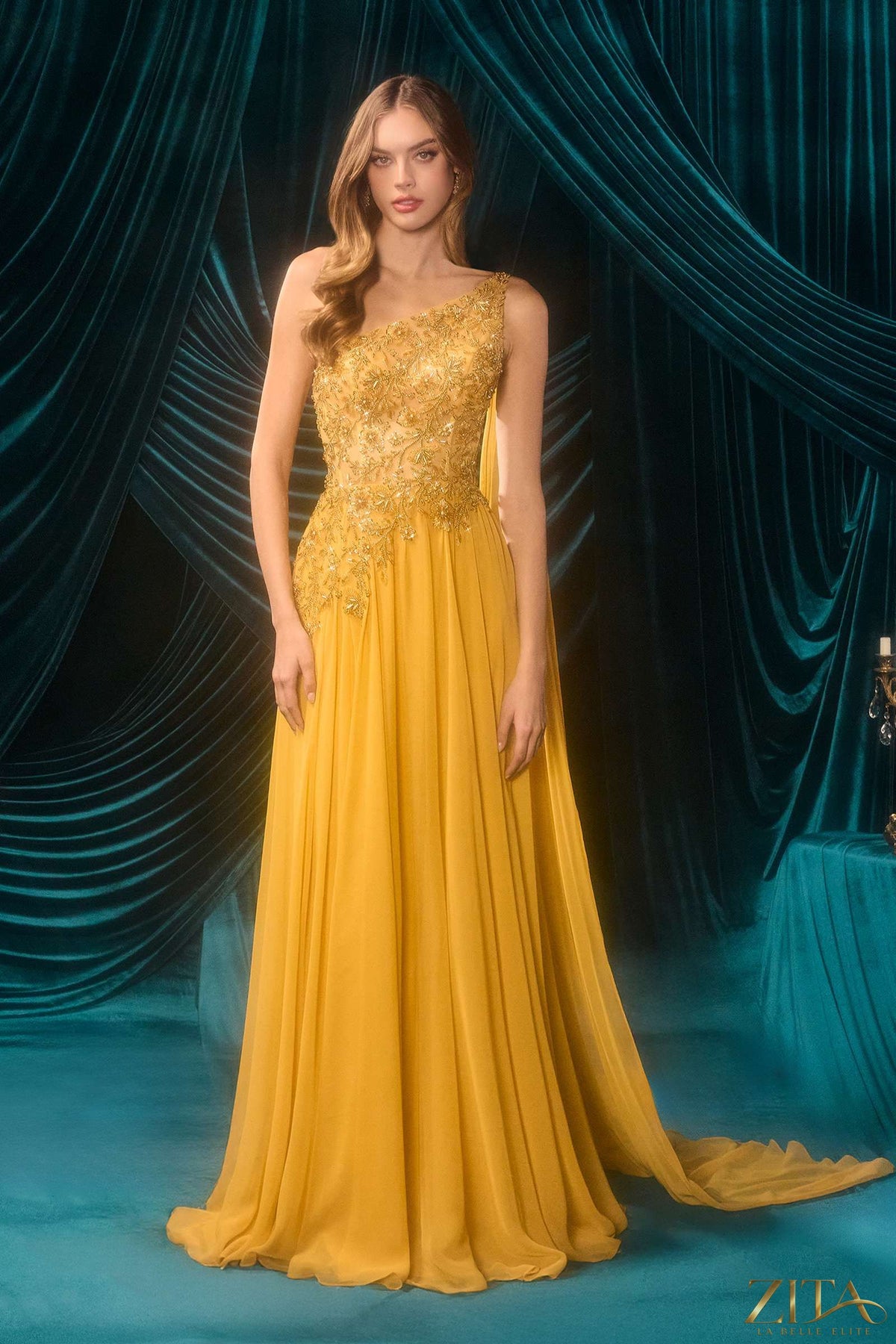 Marigold Andrea & Leo A1495 one-shoulder chiffon A-line formal dress by Zita La Belle Elite, shown from the front.