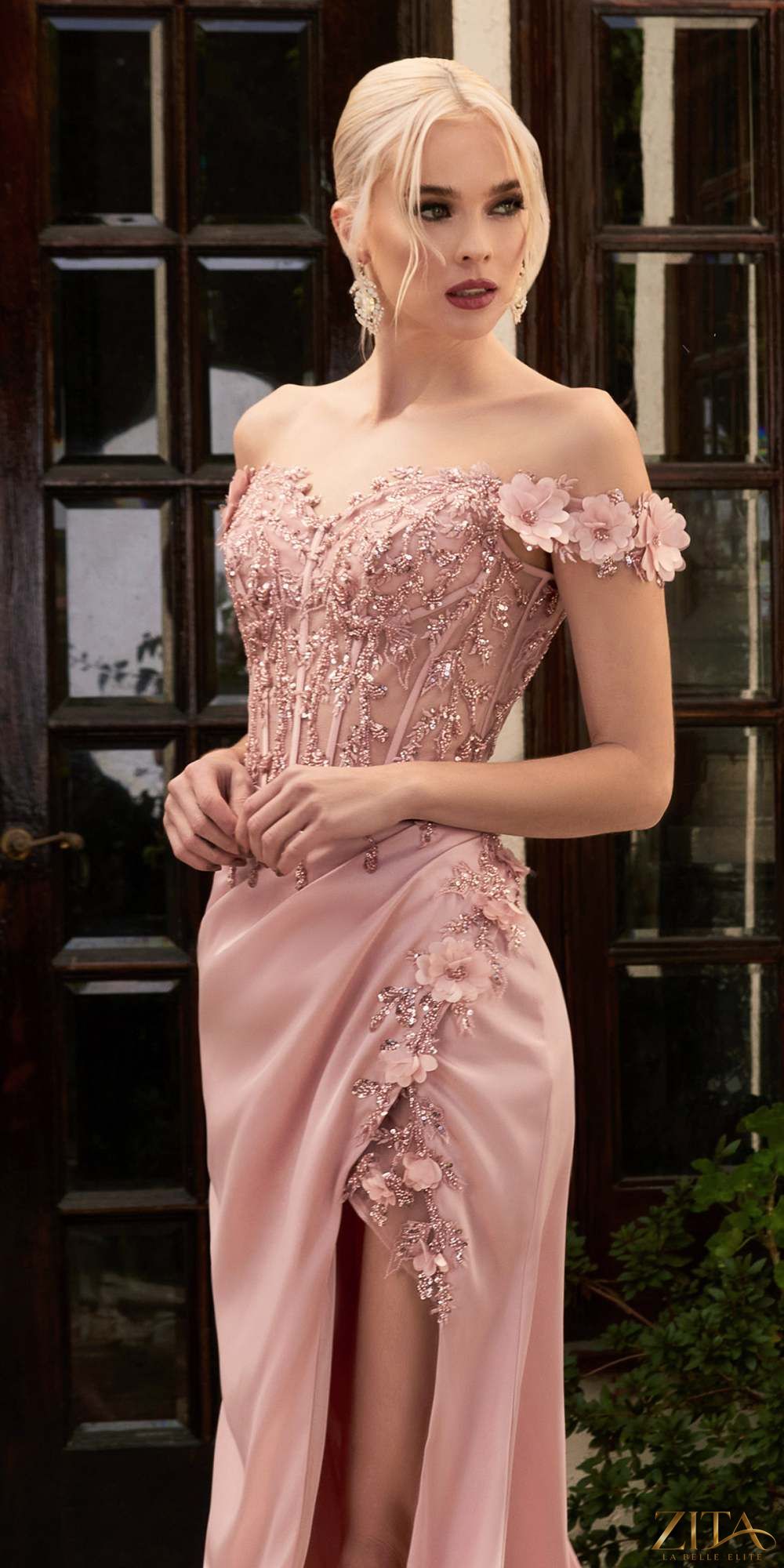 Zita La Belle Elite blush floral off-the-shoulder evening gown with thigh-high slit