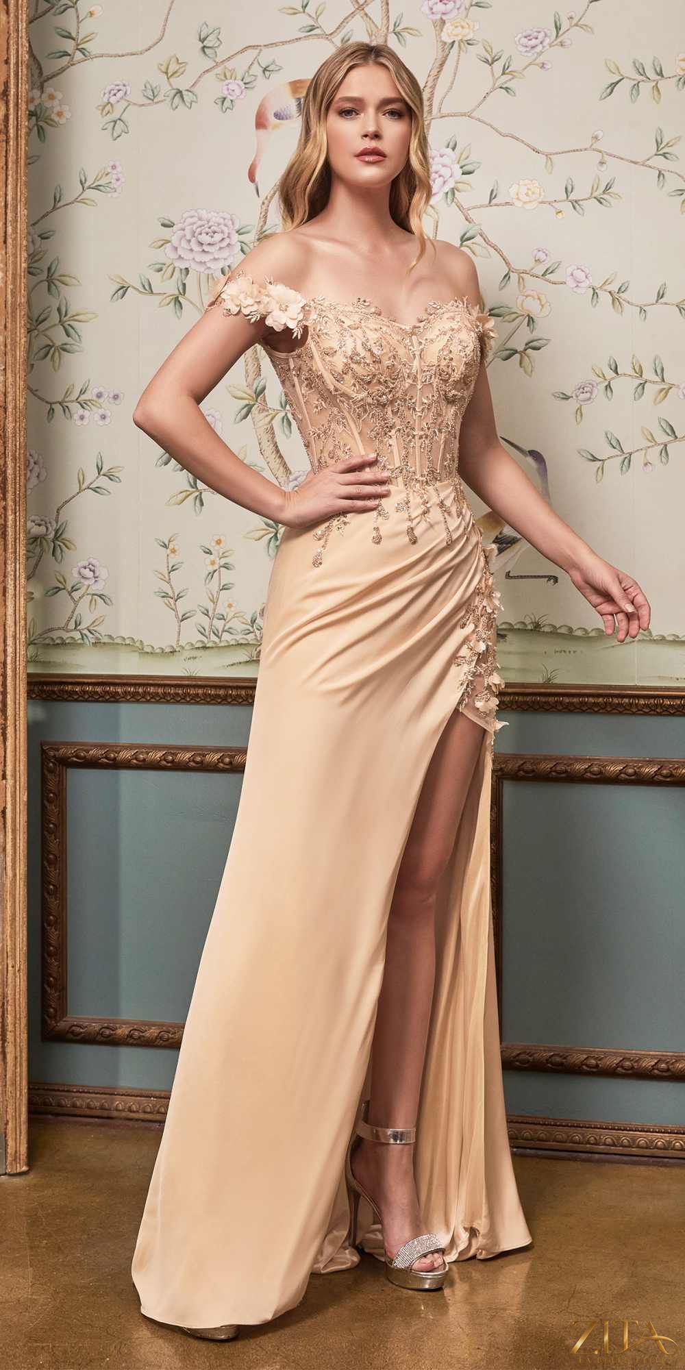 Zita La Belle Elite champagne floral off-the-shoulder evening gown with thigh-high slit