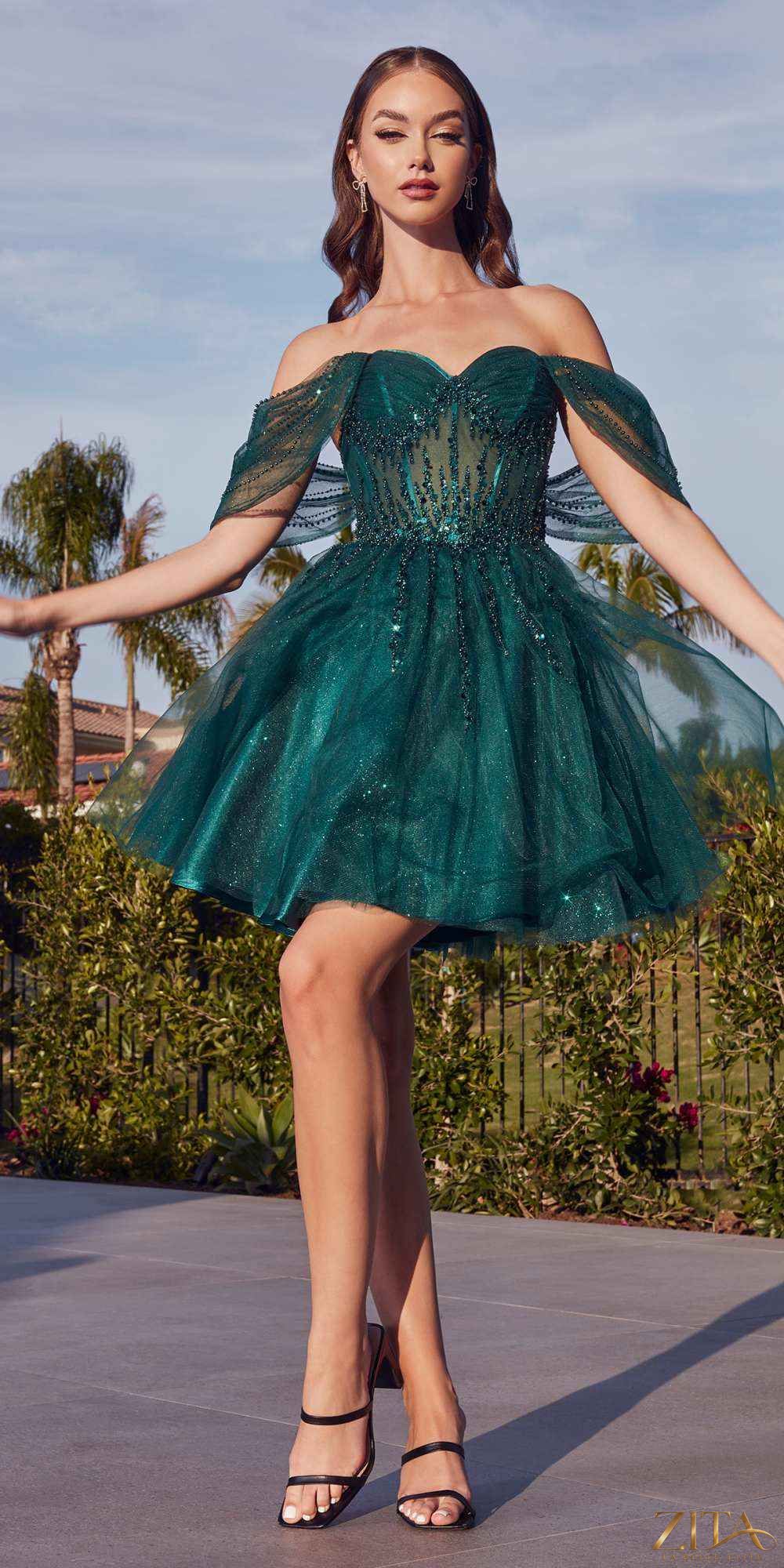 Zita La Belle Elite emerald off-shoulder embellished A-line corset short dress