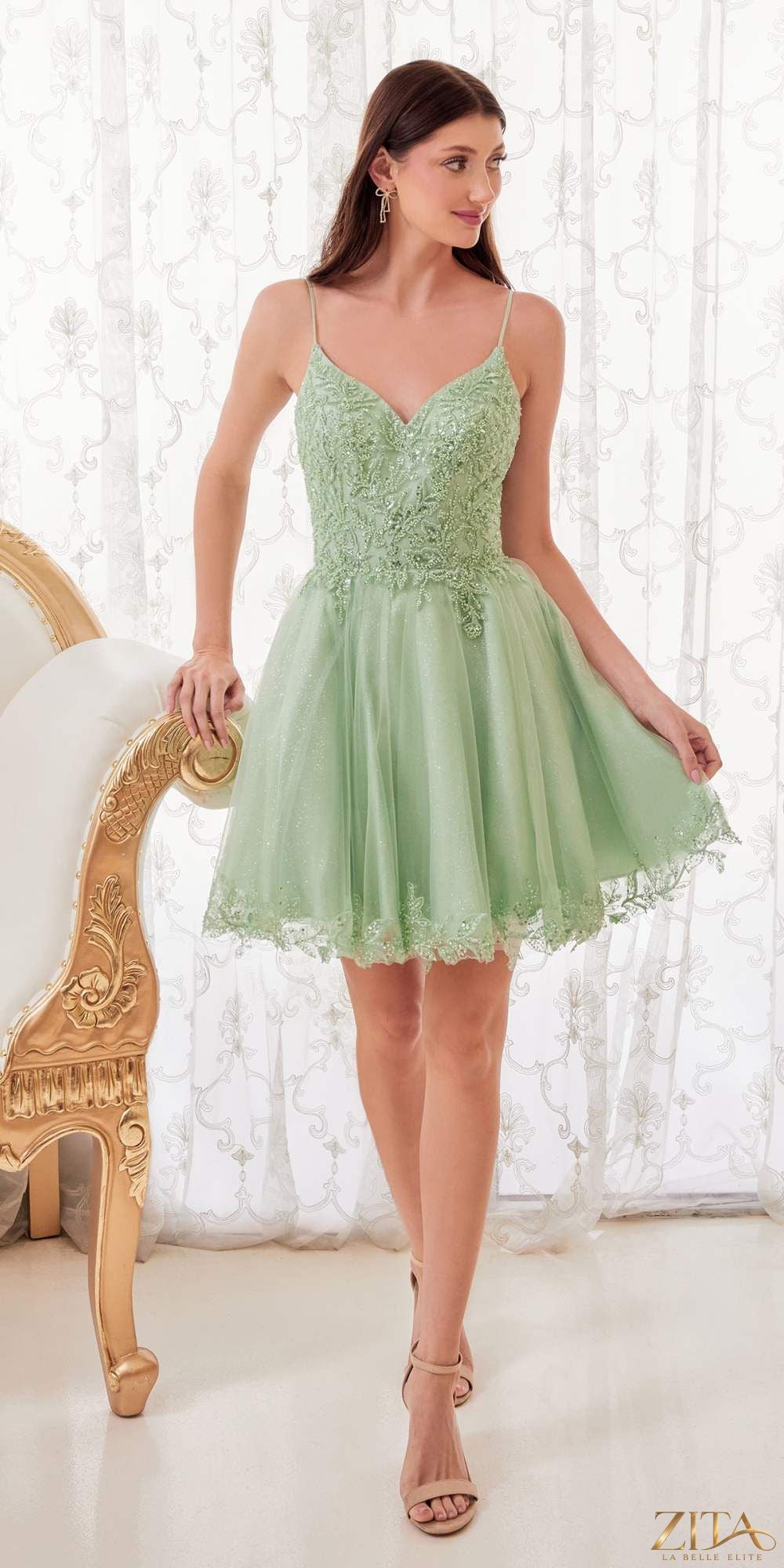 Zita La Belle Elite short sage A-line dress with glitter tulle skirt