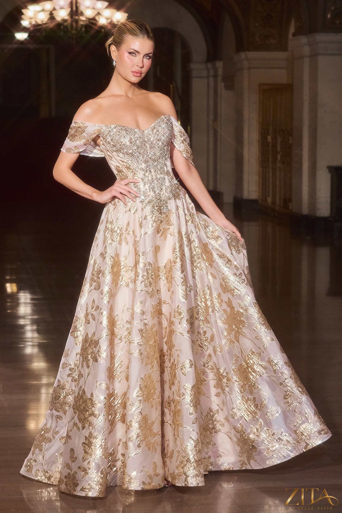 Gold off-the-shoulder beaded bodice ball gown by Zita La Belle Elite, front view showcasing elegant design and intricate beadwork.