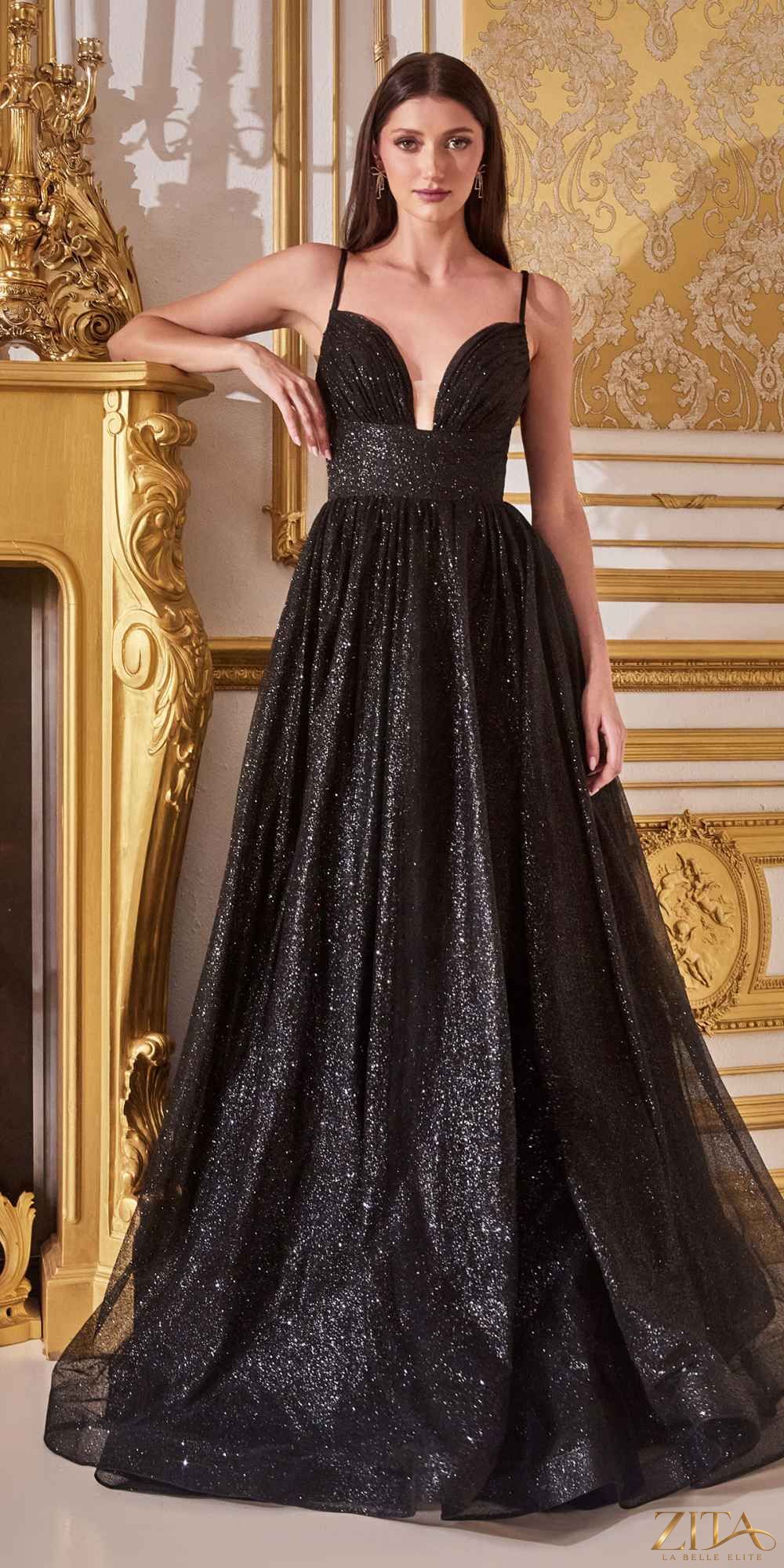 Elegant black floor-length A-line glitter ball gown from Zita La Belle Elite, showcasing its flowing silhouette and shimmering fabric.