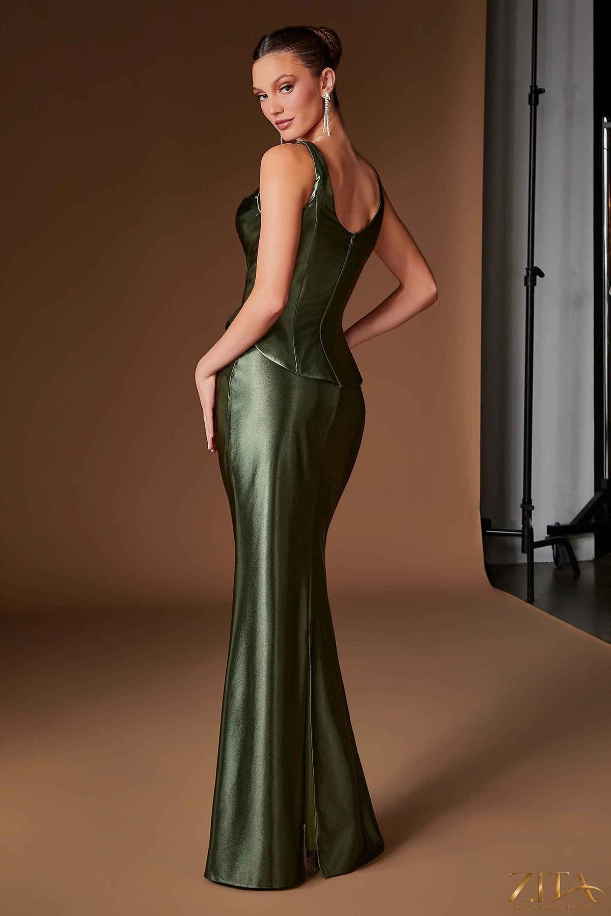 Olive green square neck satin evening gown with fitted silhouette and draped waist by Zita La Belle Elite, shown from the back.
