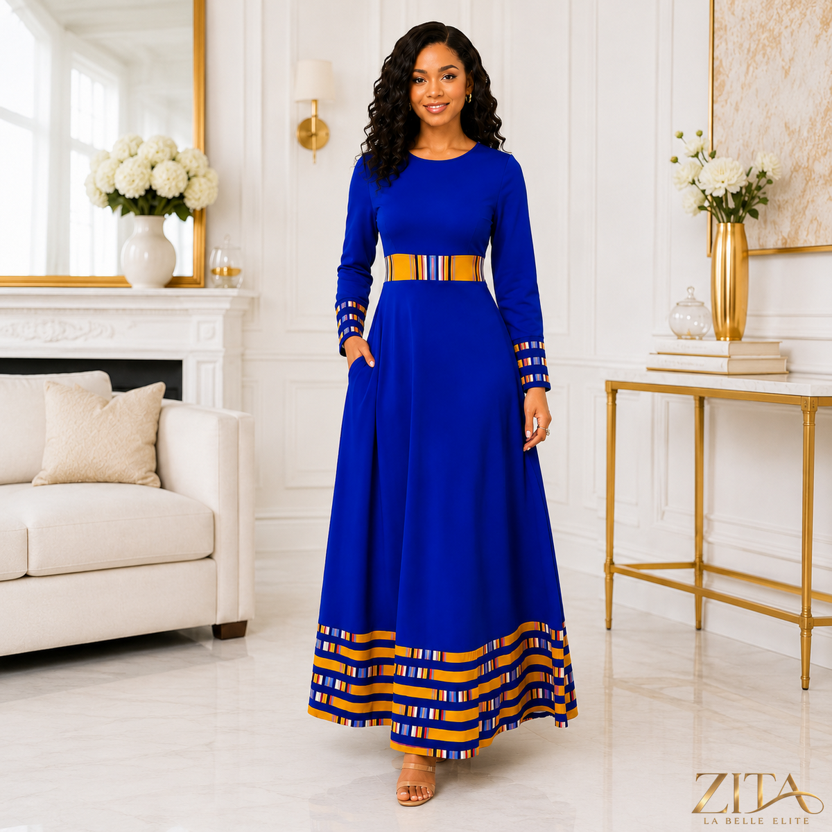 Royal blue dashiki trim formal long-sleeved maxi dress by Zita La Belle Elite, featuring intricate dashiki detailing and elegant design.