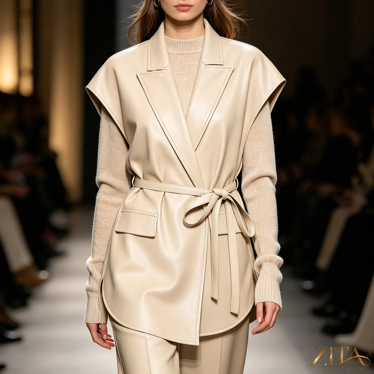 Zita La Belle Elite sleeveless faux leather vest jacket with tie waist, stylish outerwear for modern fashion looks.