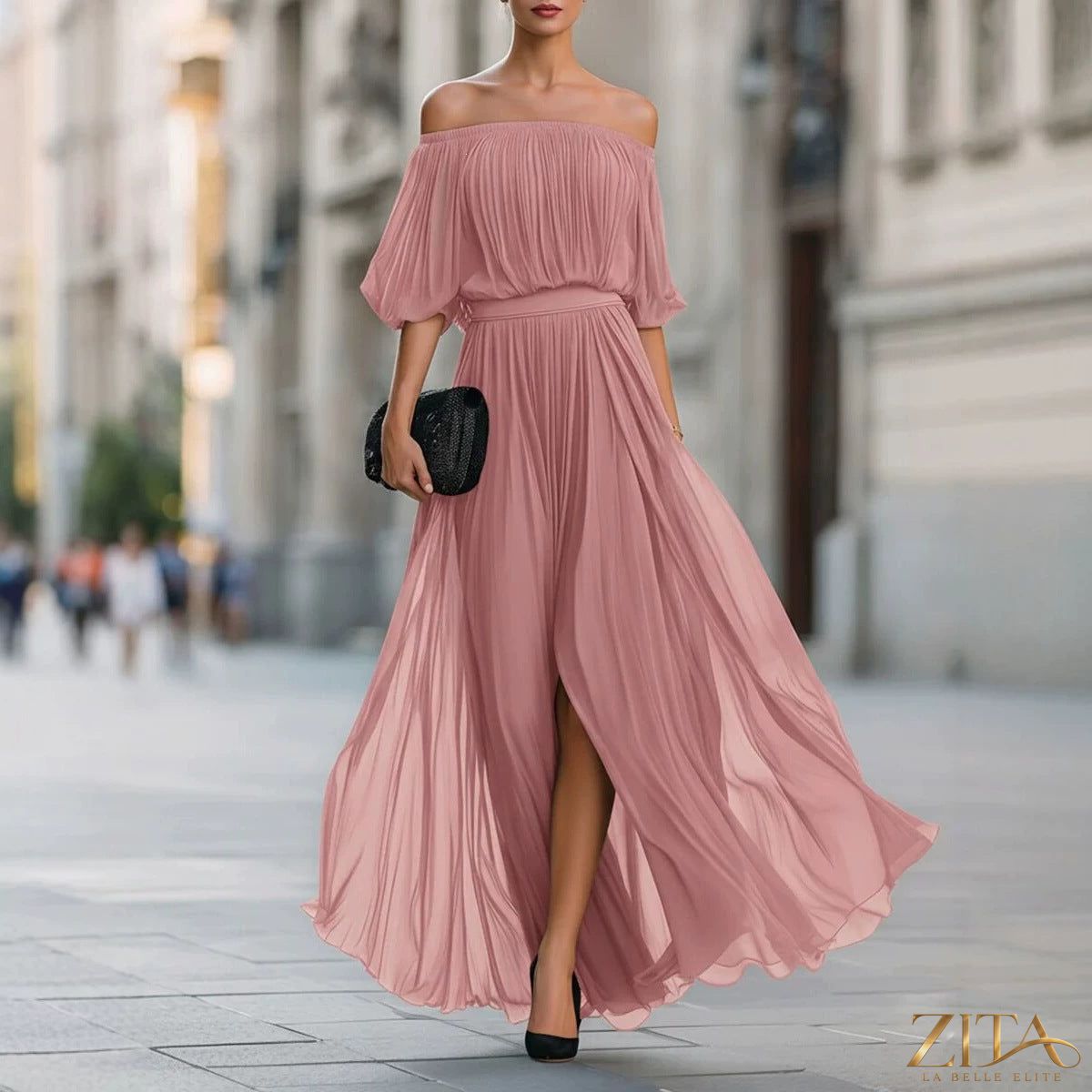 Zita La Belle Elite one-shoulder chiffon maxi dress with ruffle sleeve, flowing elegant design, ideal for formal occasions.