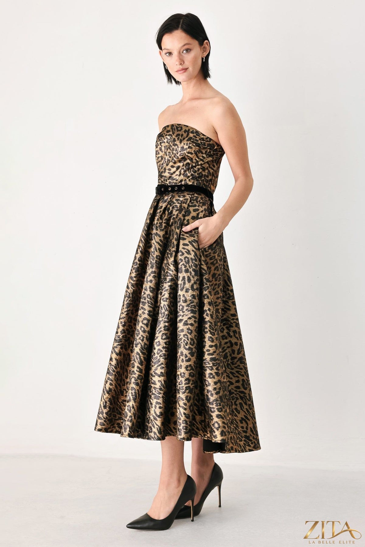 Wildly Golden Leopard strapless midi dress by Zita La Belle Elite, featuring a bold gold and black leopard print fabric.