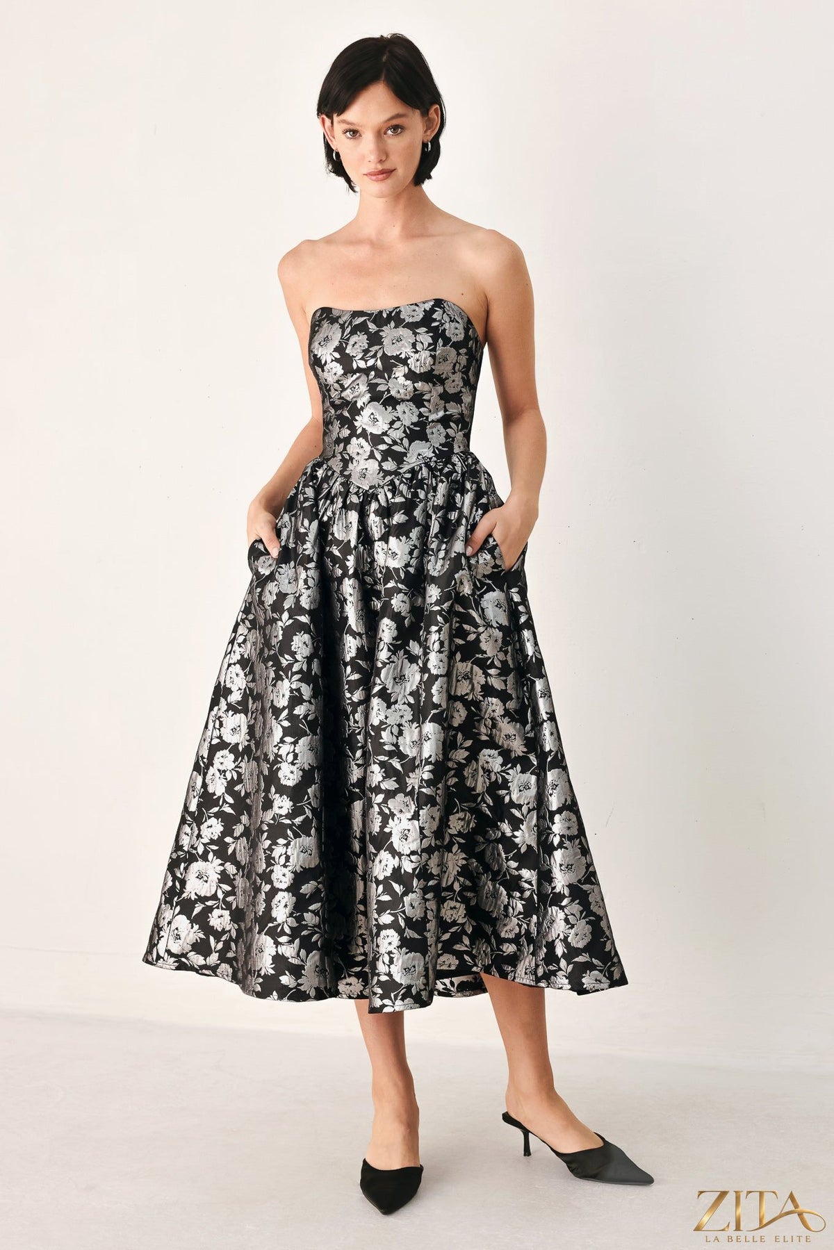 Zita La Belle Elite Midnight Sparkle Sweetheart Midi Dress in black and silver with a fitted bodice and flared skirt.