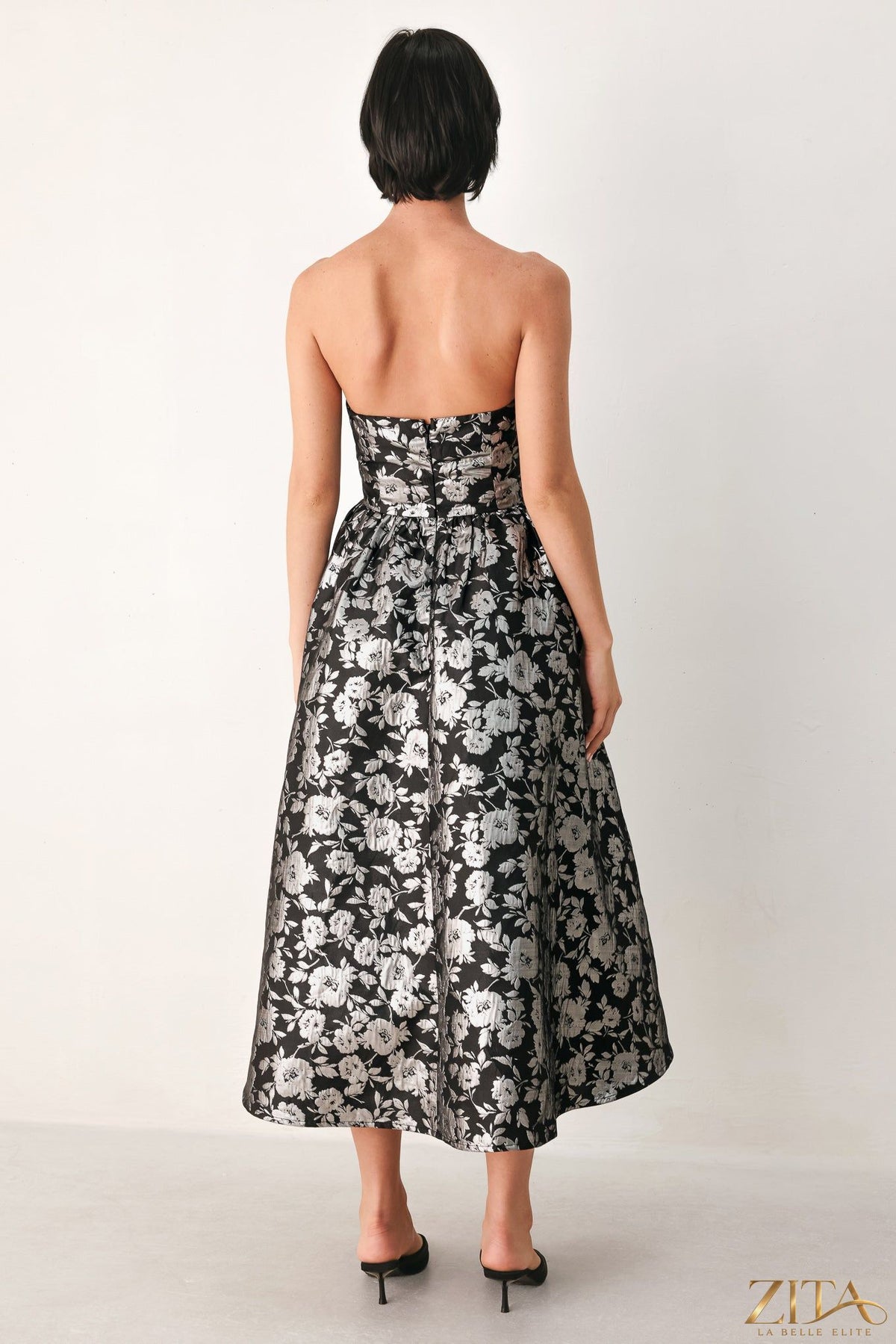 Black Midnight Sparkle Sweetheart Midi Dress by Zita La Belle Elite, featuring a fitted bodice and shimmering silver accents.