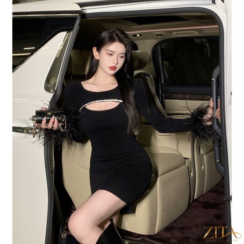 Black party dress with ostrich feather details by Zita La Belle Elite, showcasing a stylish women's dress with elegant feather accents.