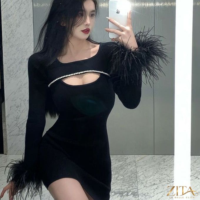 Black party dress with ostrich feather details by Zita La Belle Elite, showcasing a stylish and elegant women's dress.