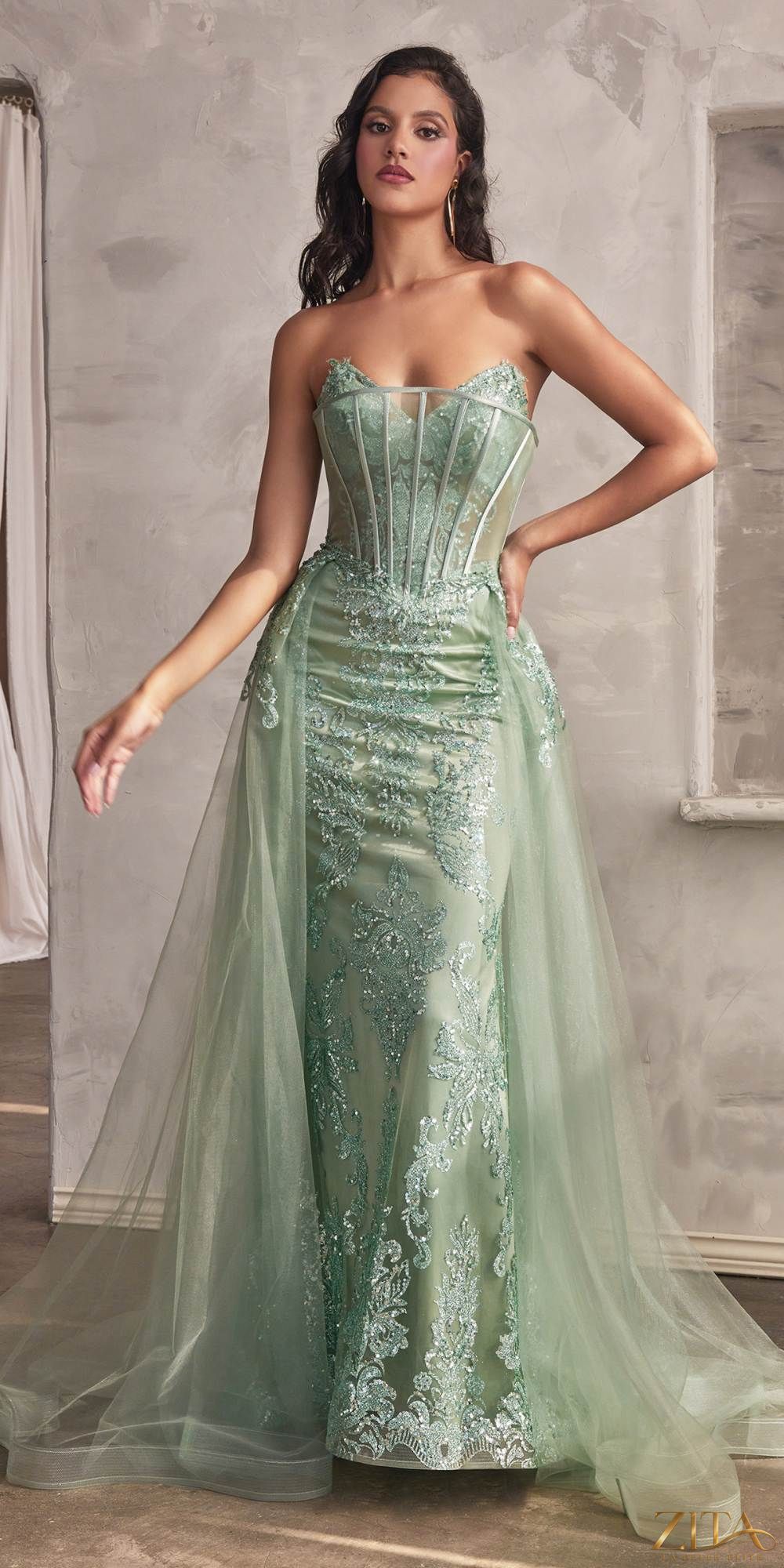 Zita La Belle Elite Cinderella Divine J858 strapless glitter mermaid gown in sage, elegant dress with shimmering details.