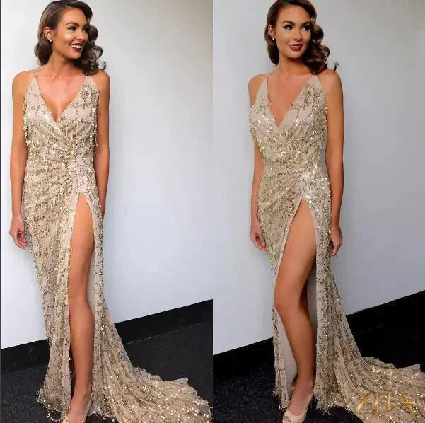 Zita La Belle Elite women's fringe high cut sling evening dress with bold design and elegant style, shown from the front.