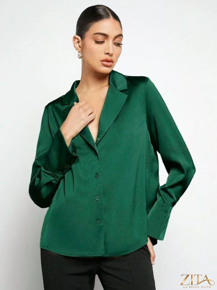 Zita La Belle Elite satin faux silk long sleeve shirt in soft pink, featuring a sleek design and elegant collar.