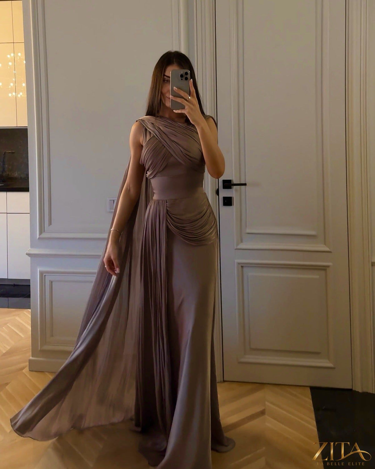 Zita La Belle Elite women's pleated satin evening dress with ribbon details, perfect for spring and summer events.