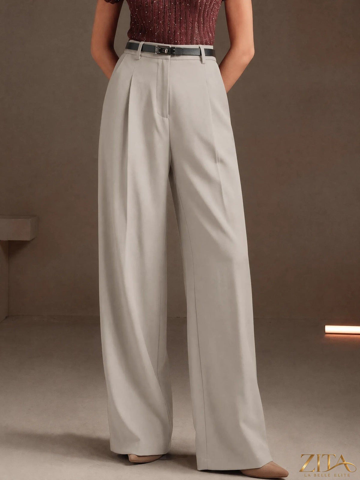 High waist draped wide-leg work pants from Zita La Belle Elite, featuring a stylish and comfortable professional bottoms look.