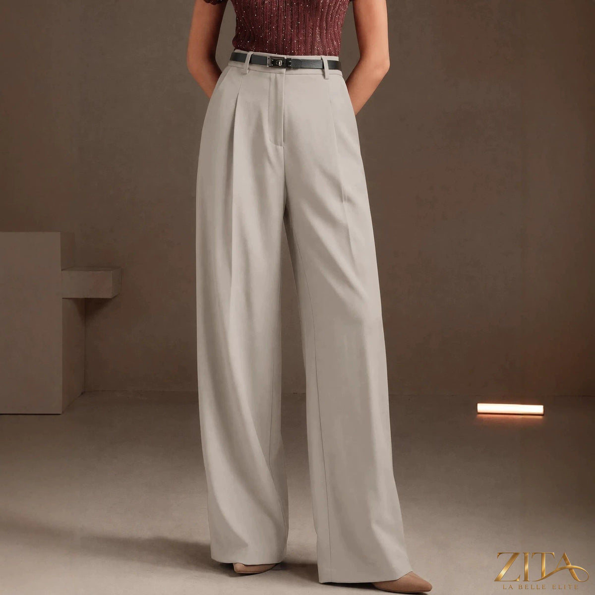 Zita La Belle Elite high waist draped wide-leg work pants, black bottoms with relaxed fit and tailored drape.
