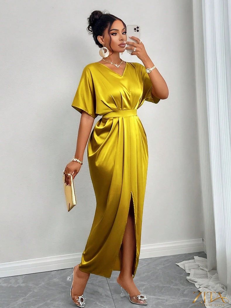 Elegant satin fitted waist ball gown maxi dress by Zita La Belle Elite, featuring a flowing skirt and sleek silhouette.