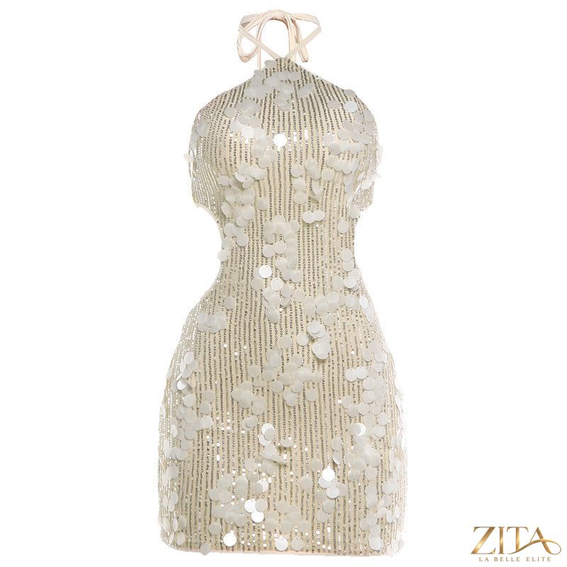 Backless halter lace-up sequin sheath dress by Zita La Belle Elite, featuring a fitted silhouette and shimmering sequins.