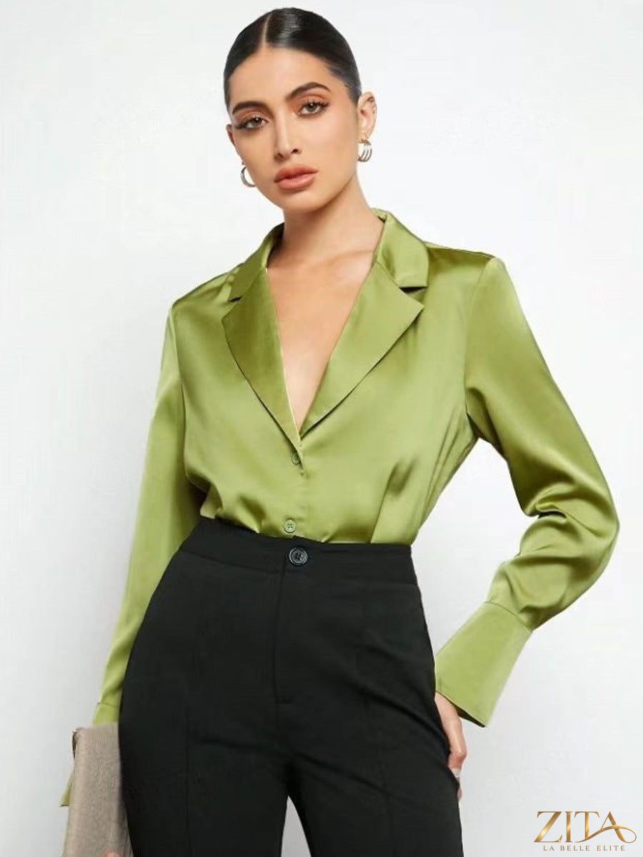 Zita La Belle Elite satin faux silk long sleeve shirt in elegant black, featuring a smooth, shiny fabric and classic collar design.