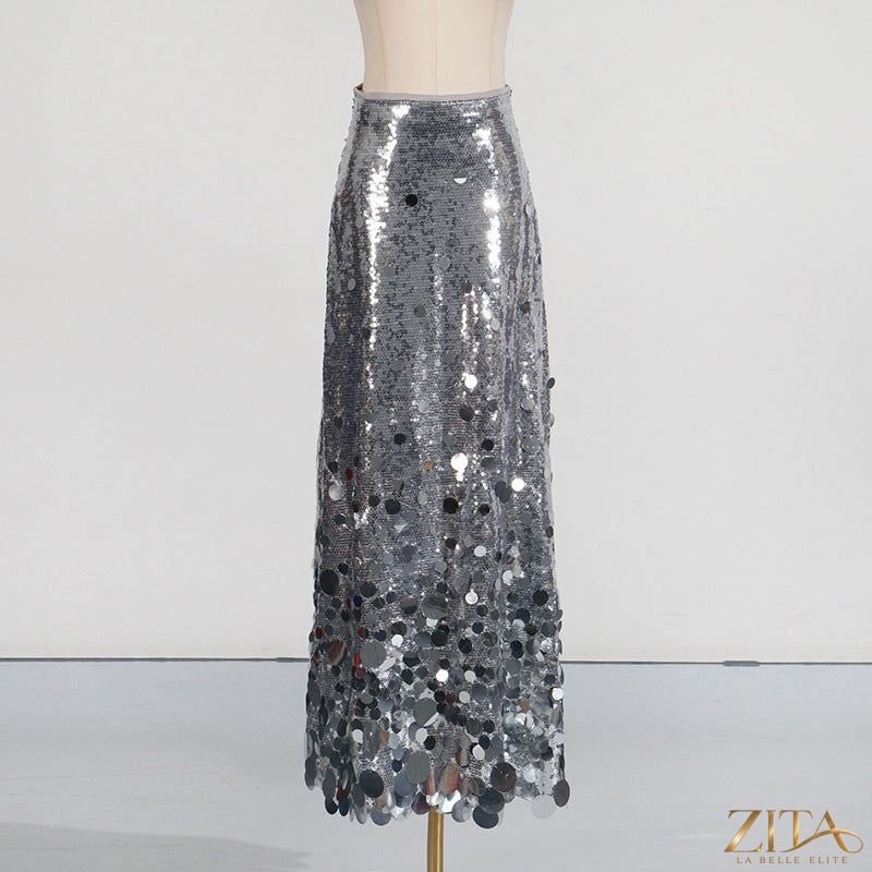 Zita La Belle Elite sequined spring skirt with high waist, slimming fit, solid color, perfect for elegant occasions.