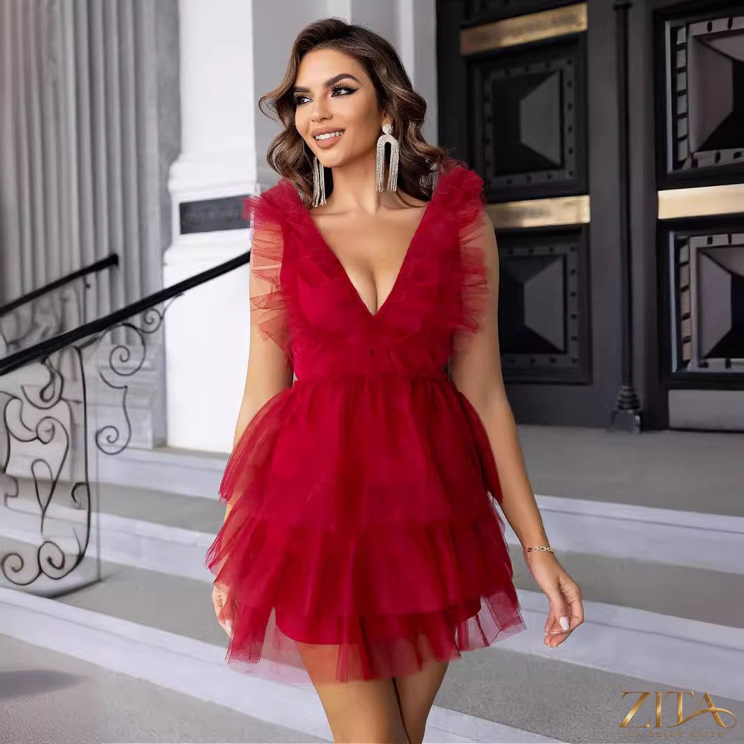 Zita La Belle Elite women's evening dress with V-neck, net yarn fabric, and elegant design for summer occasions.
