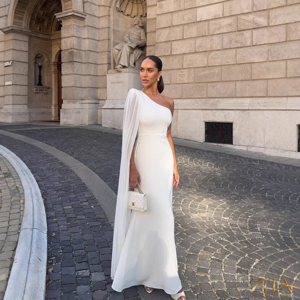 Zita La Belle Elite spring summer shoulder pleated maxi dress for women, perfect for holiday parties, displayed on a mannequin.