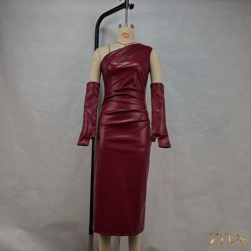 Zita La Belle Elite crossbody wrap pleated faux leather slit dress featuring a stylish design and elegant silhouette.