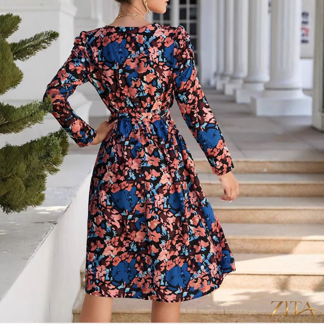 Printed V-neck long sleeve tie-front wrap maxi dress by Zita La Belle Elite, featuring a stylish design and flowing silhouette.