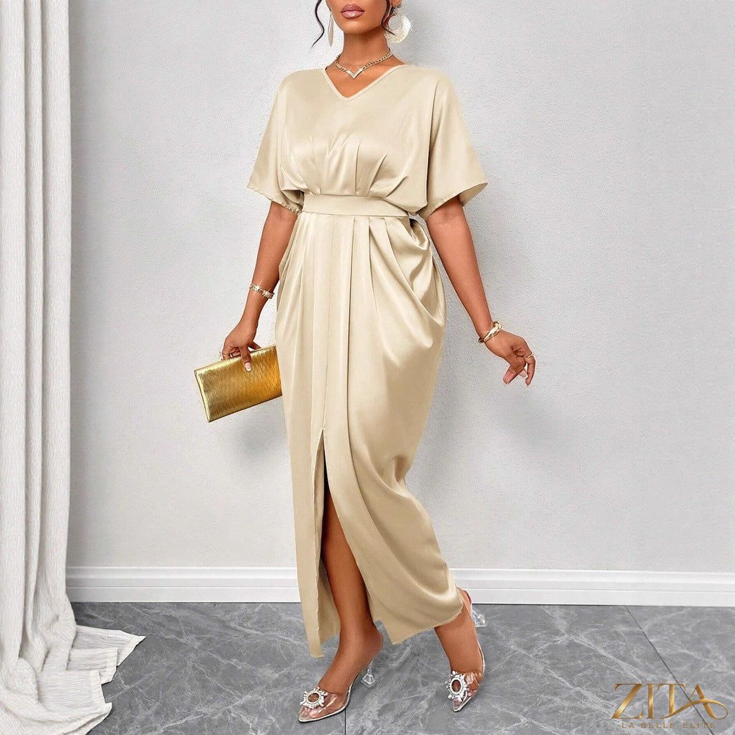 Elegant satin fitted waist ball gown maxi dress by Zita La Belle Elite, shown in a flowing, luxurious design with a fitted bodice.