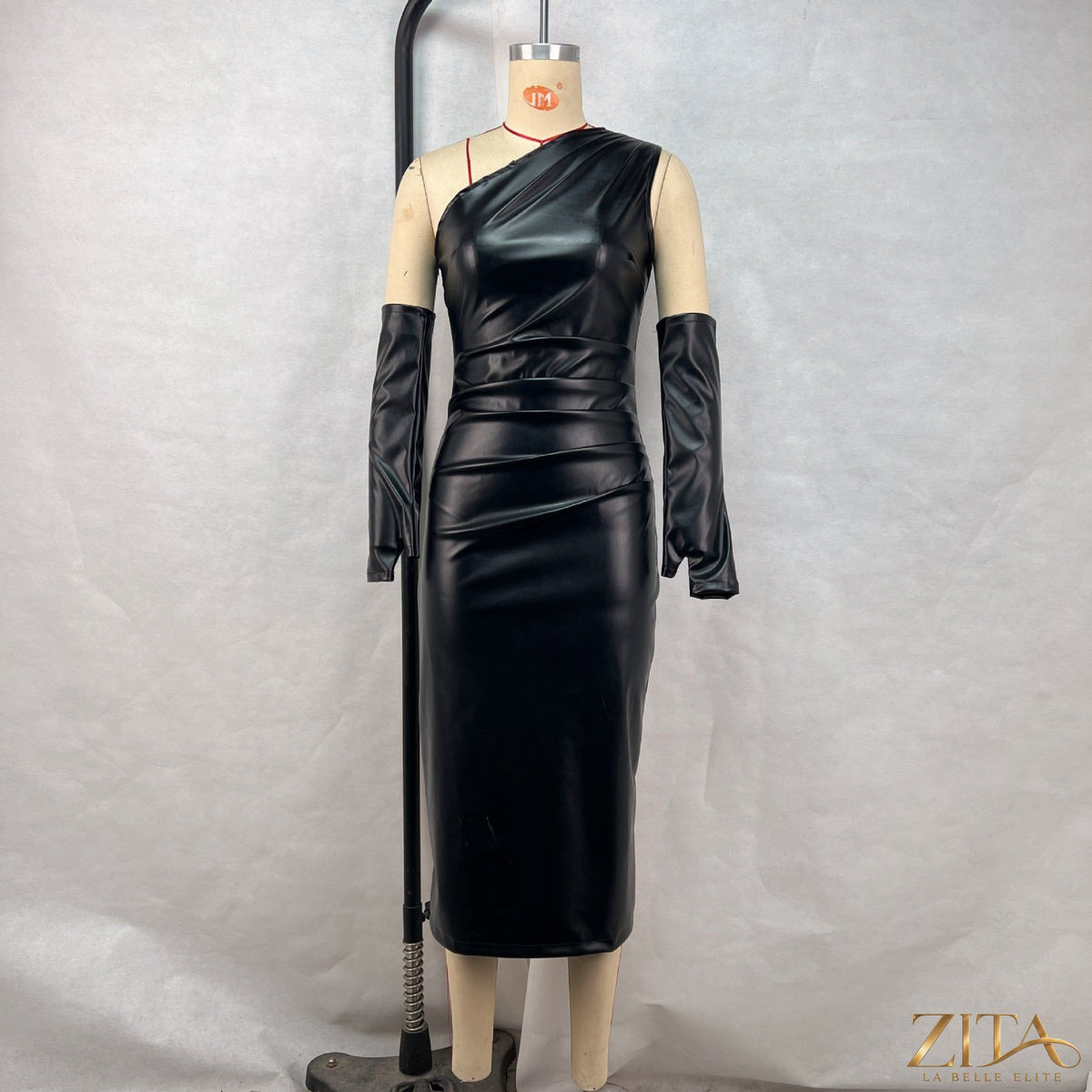 Zita La Belle Elite crossbody wrap pleated faux leather slit dress shown with stylish design and sleek silhouette.