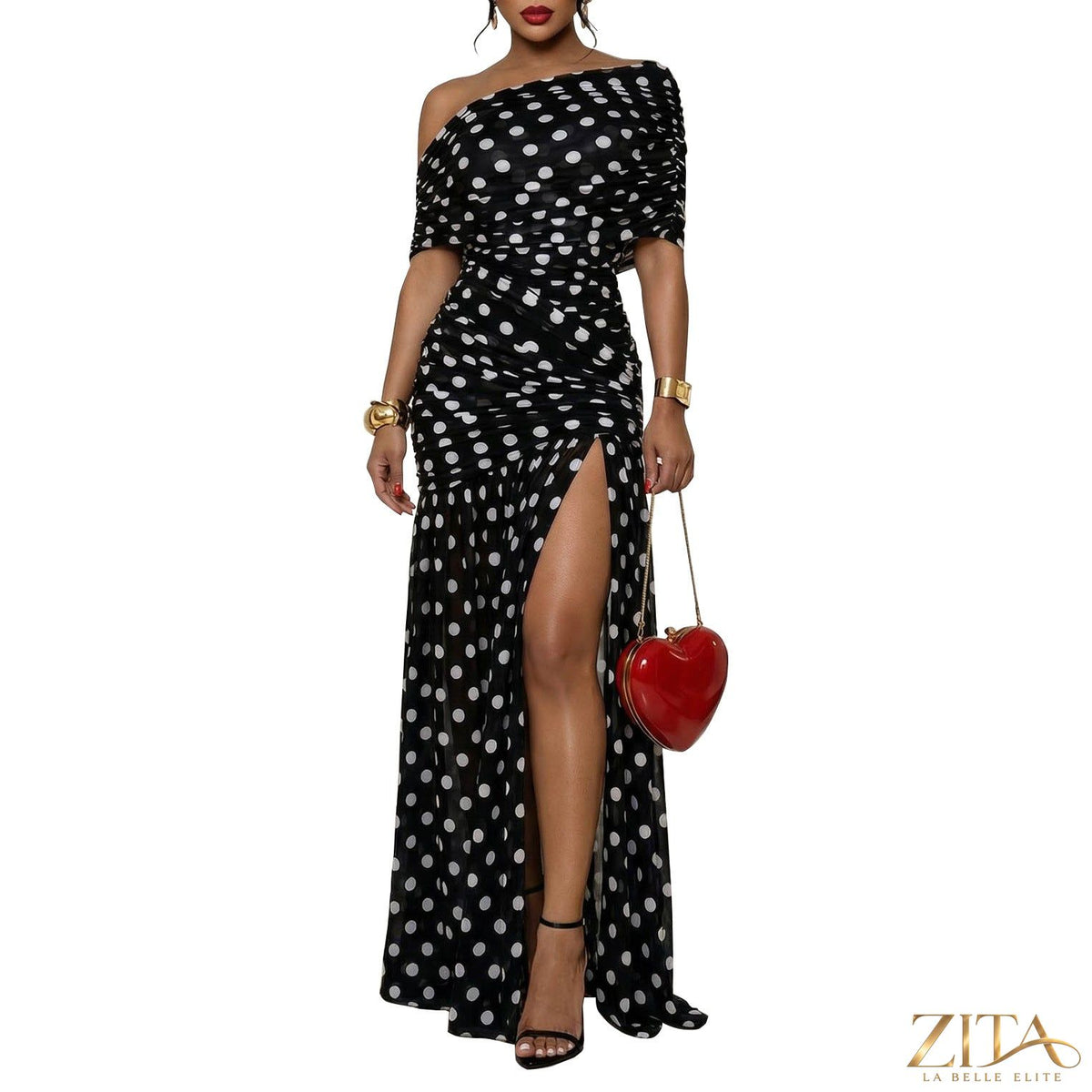 Zita La Belle Elite polka dot cold shoulder cocktail dress with slit, stylish and elegant for special occasions.