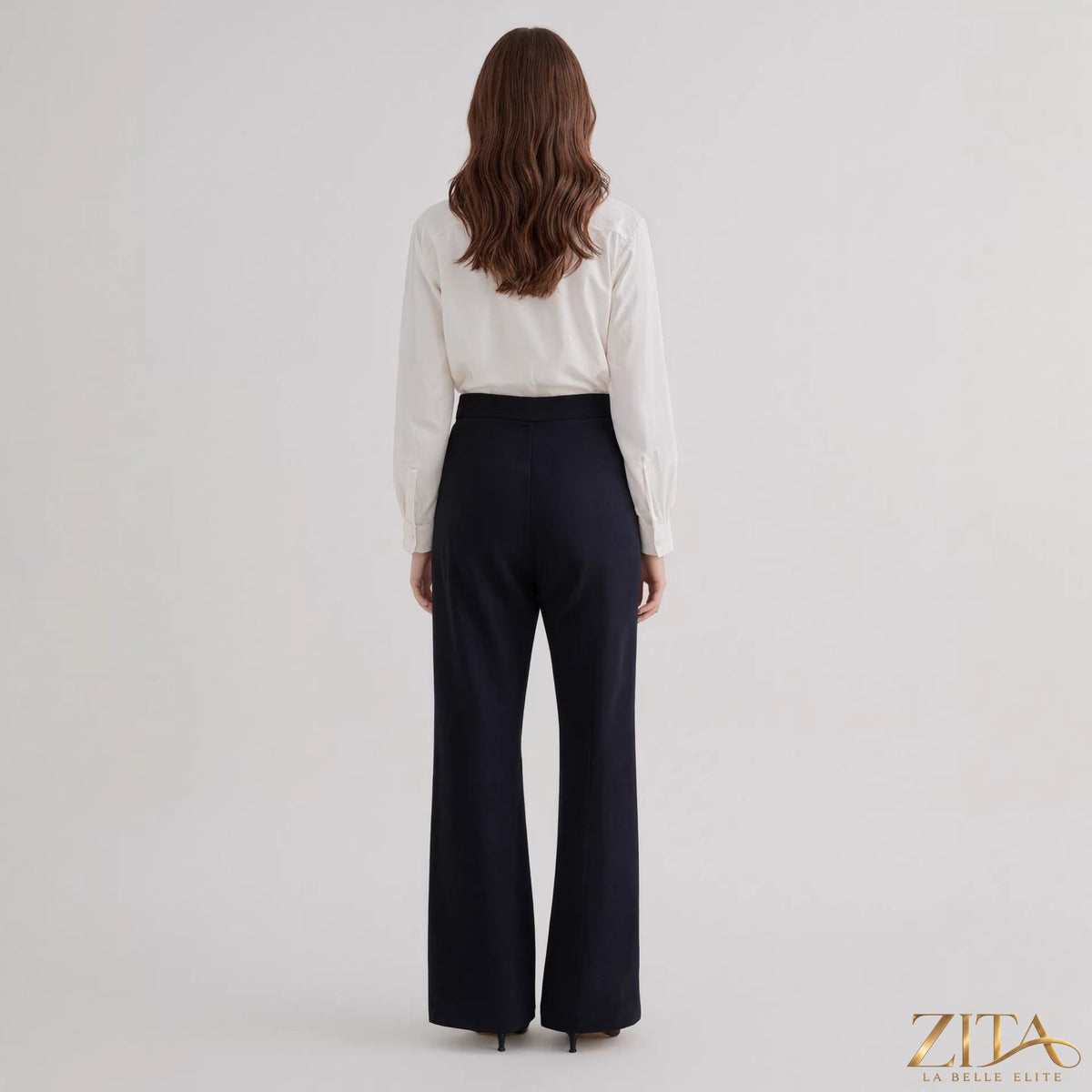 Zita La Belle Elite irregular waist straight-leg office trousers, beige fabric, tailored fit, front pockets, stylish professional look