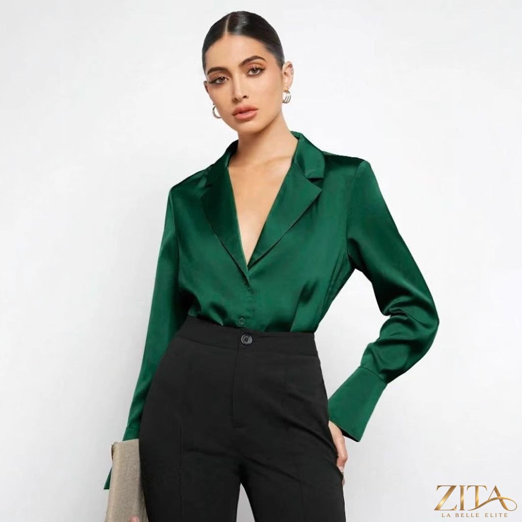 Zita La Belle Elite satin faux silk long sleeve shirt in elegant, smooth fabric with a classic collar and button front.