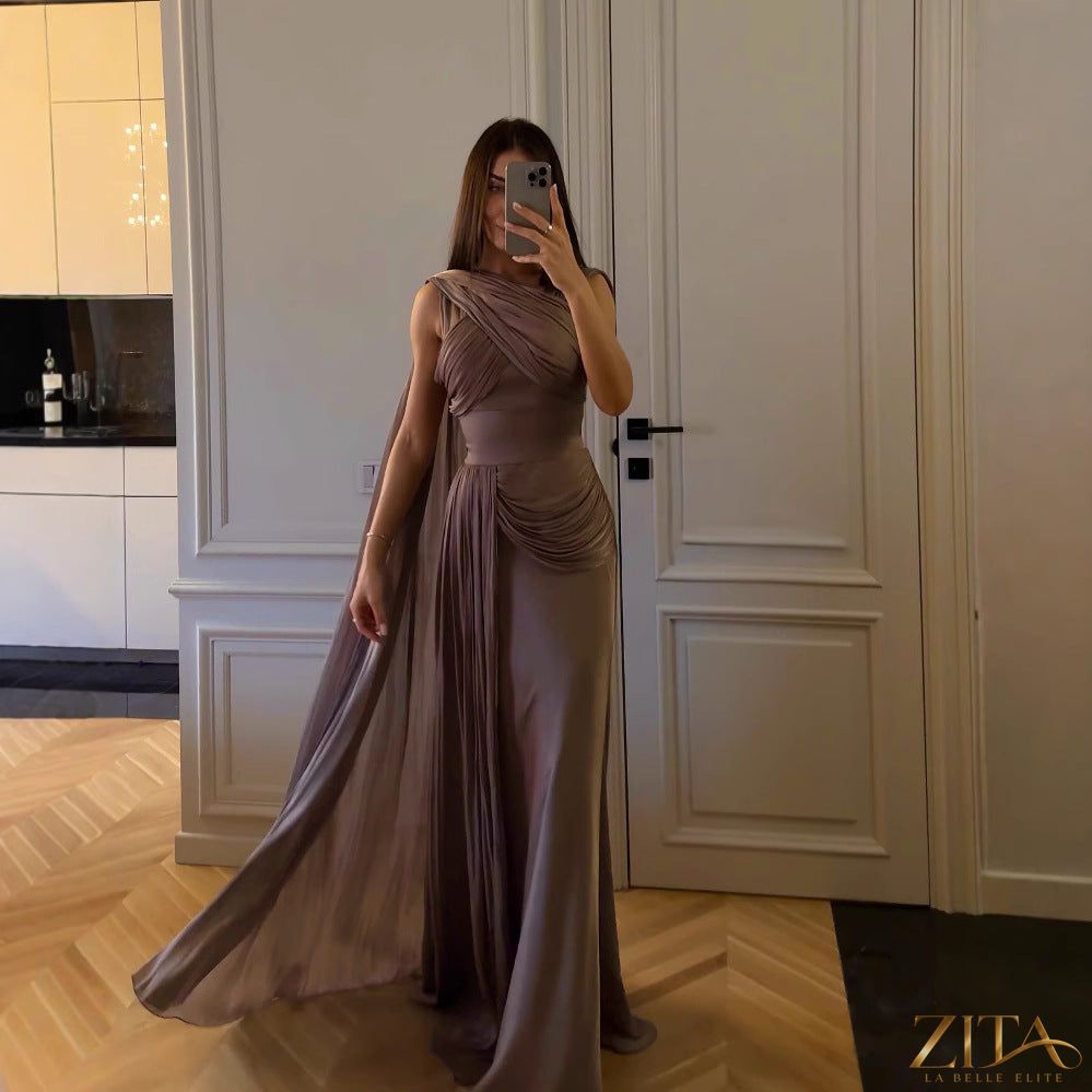 Zita La Belle Elite women's pleated satin evening dress with ribbon details, perfect for spring and summer occasions.