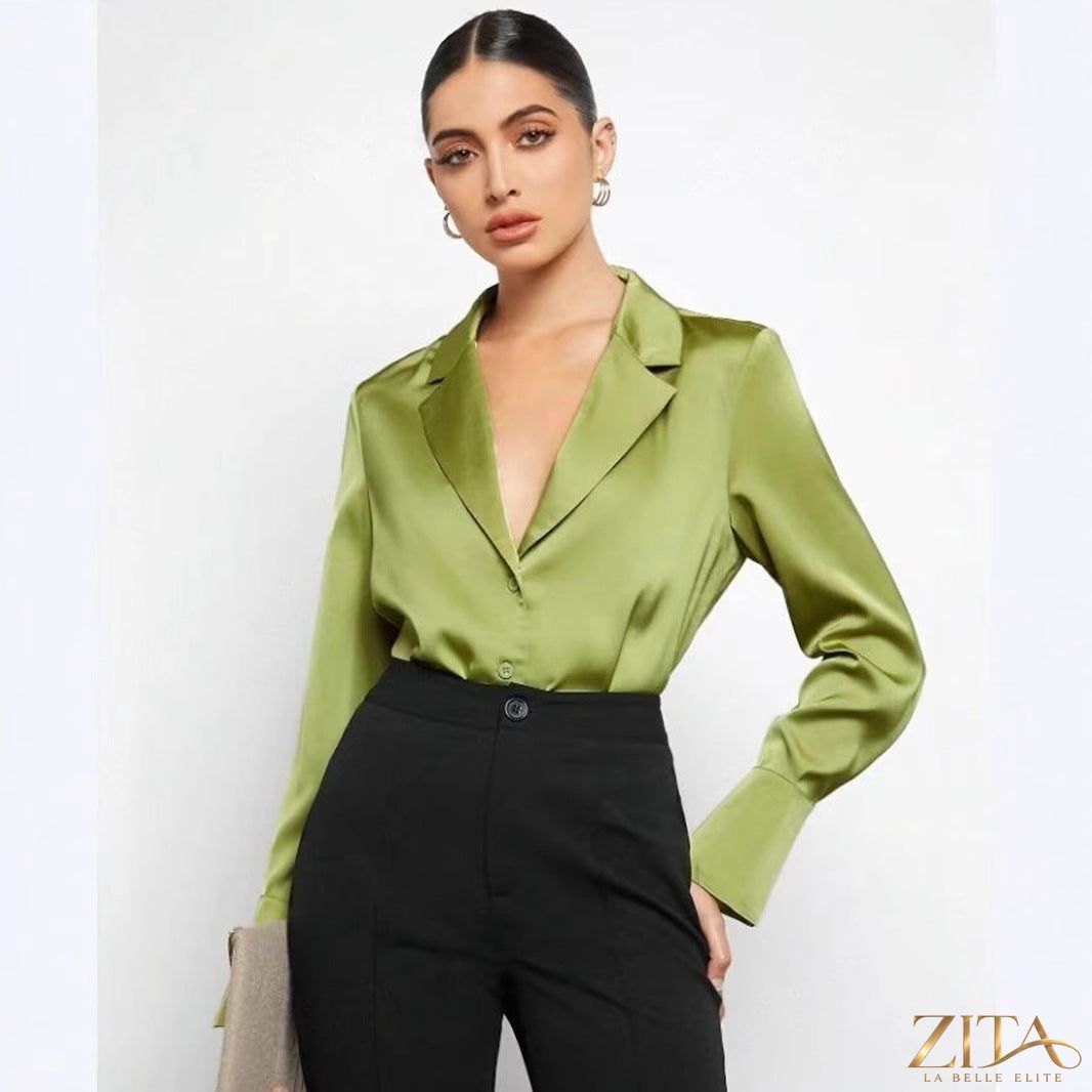 Zita La Belle Elite satin faux silk long sleeve shirt in elegant black, featuring a smooth, shiny fabric and classic collar design.