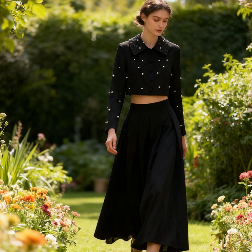 Elegant Zita La Belle Elite beaded collar long sleeve pleated maxi two-piece set, perfect for spring occasions.