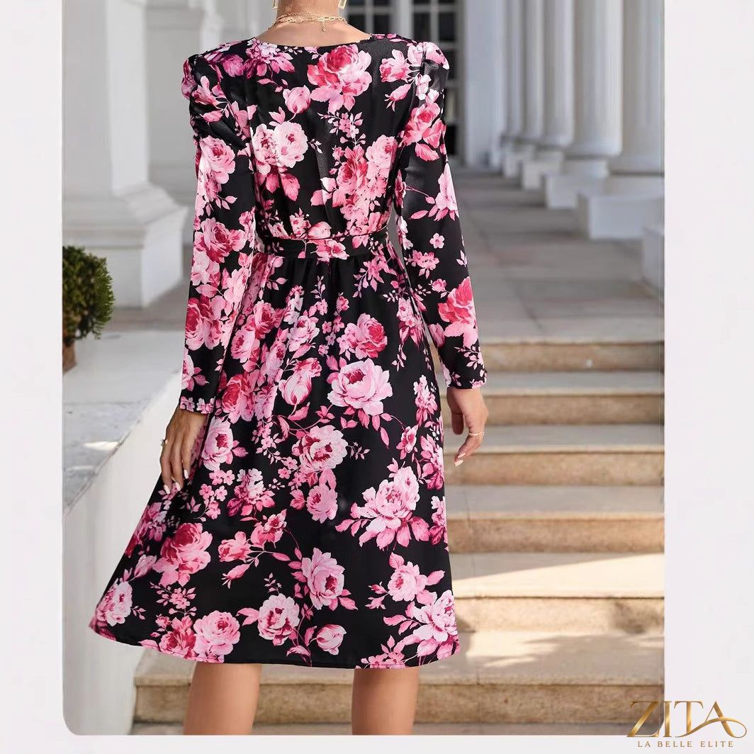 Printed V-neck long sleeve tie-front wrap maxi dress by Zita La Belle Elite, showcasing a stylish, flowing design with a tie waist.