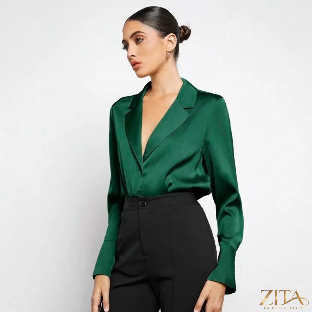 Zita La Belle Elite satin faux silk long sleeve shirt in soft pink with a classic collar and button-front design.