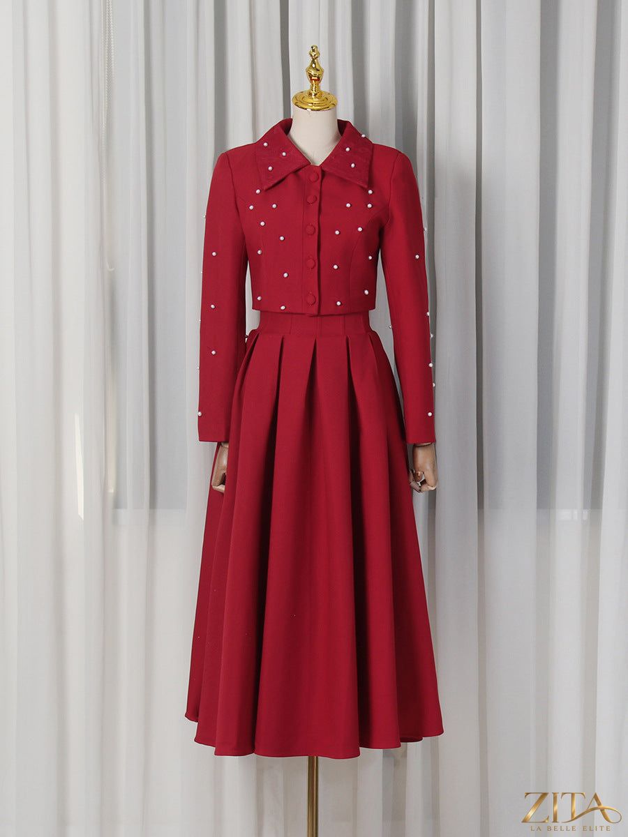 Elegant beaded collar long sleeve pleated maxi two-piece set by Zita La Belle Elite, perfect for spring occasions.
