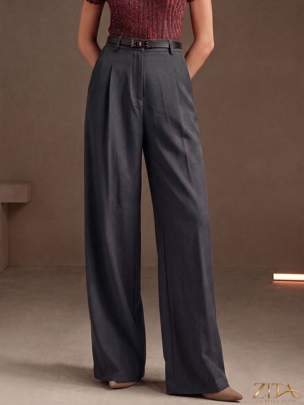 Zita La Belle Elite high waist draped wide-leg work pants, stylish bottoms with flowy fabric and tailored fit.