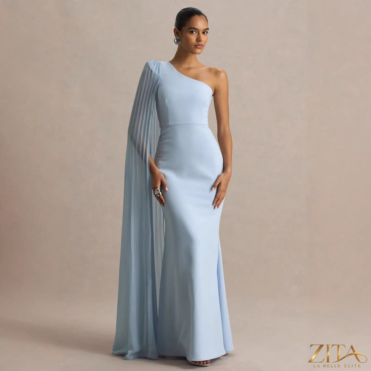 Zita La Belle Elite women's spring summer shoulder pleated maxi dress with flowy fabric and elegant design for holiday parties