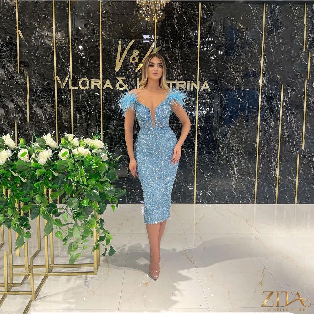 Zita La Belle Elite deep V feather sequin sleeveless evening dress with elegant design and shimmering details.